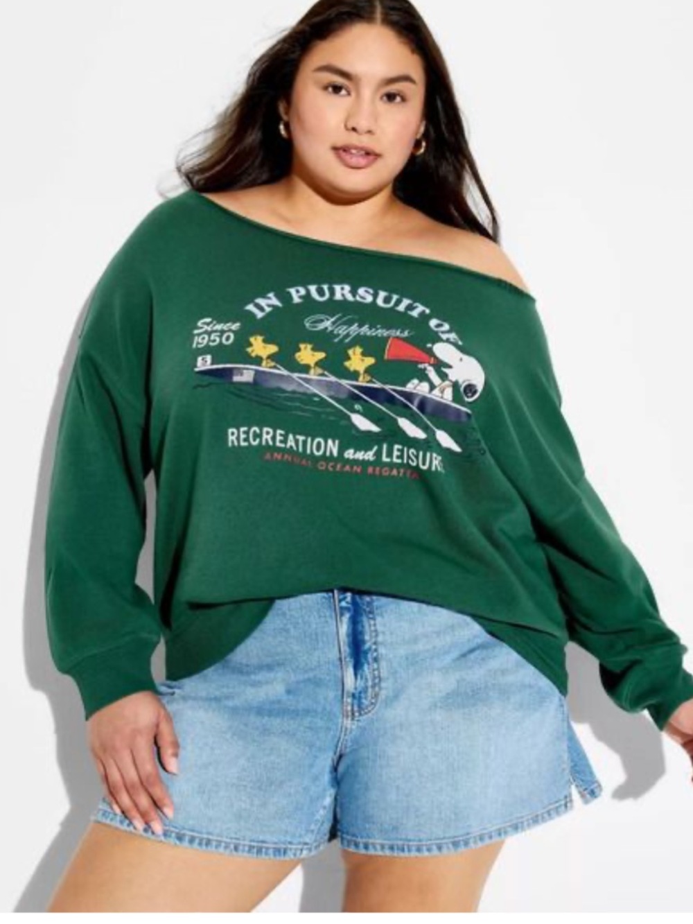 Peanuts Women's Off The Shoulder Graphic Pullover Sweatshirt Dark Green XXL